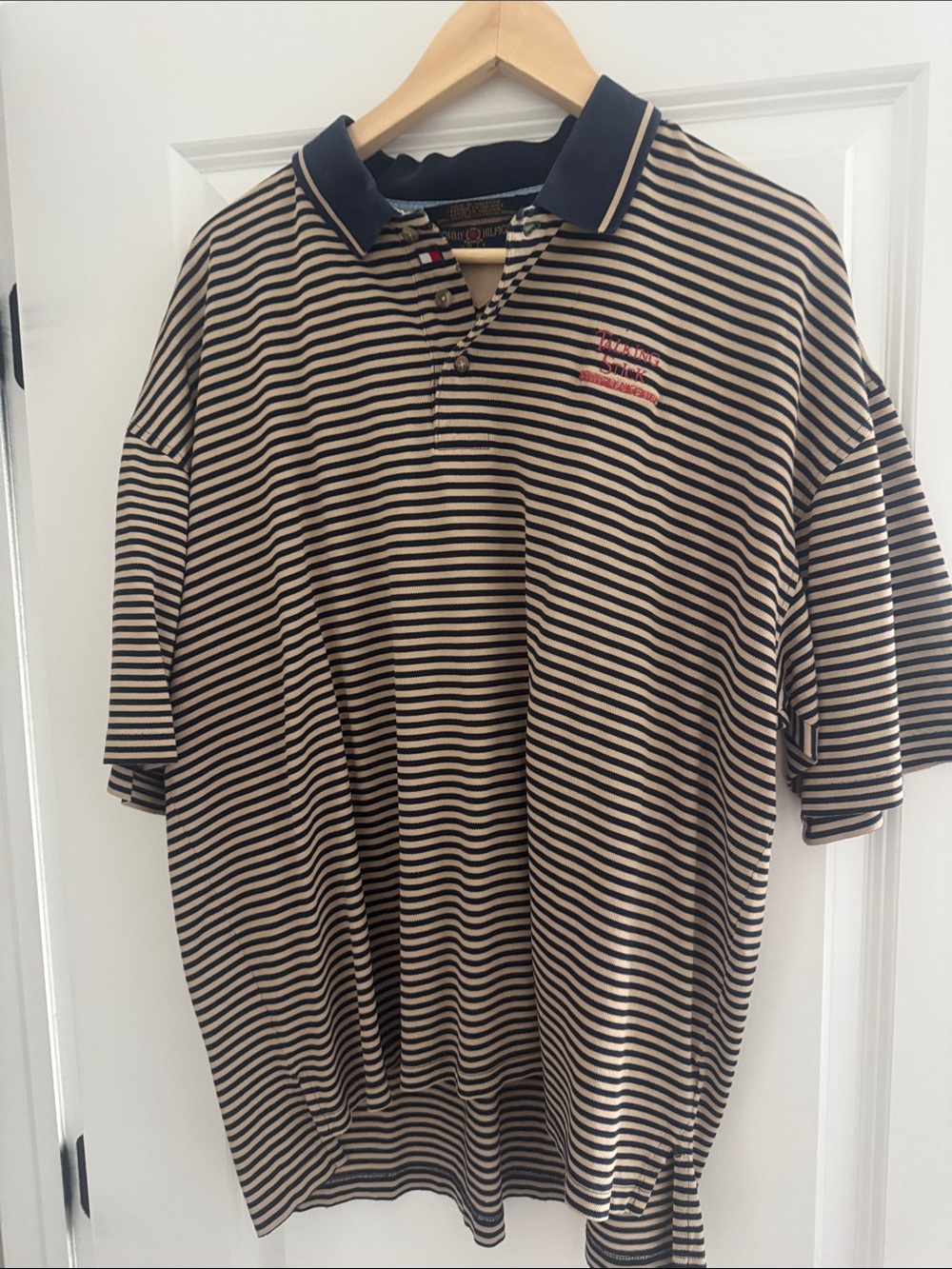 Tommy Hilfiger Beige and Black Striped Polo- Talking Stick Resort Logo